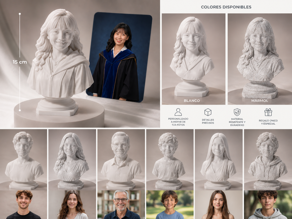 Busto Personalizado desde Foto con Base | Escultura de Retrato para Regalo, Boda, Aniversario o Graduación