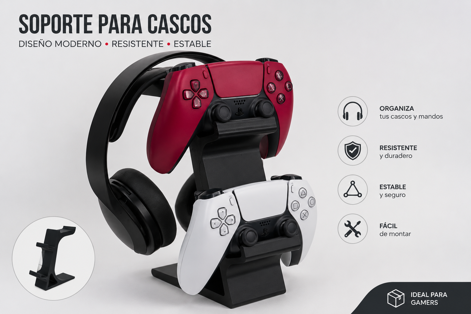 Soporte para Auriculares y 2 Mandos | Organizador de Escritorio para Setup Gaming