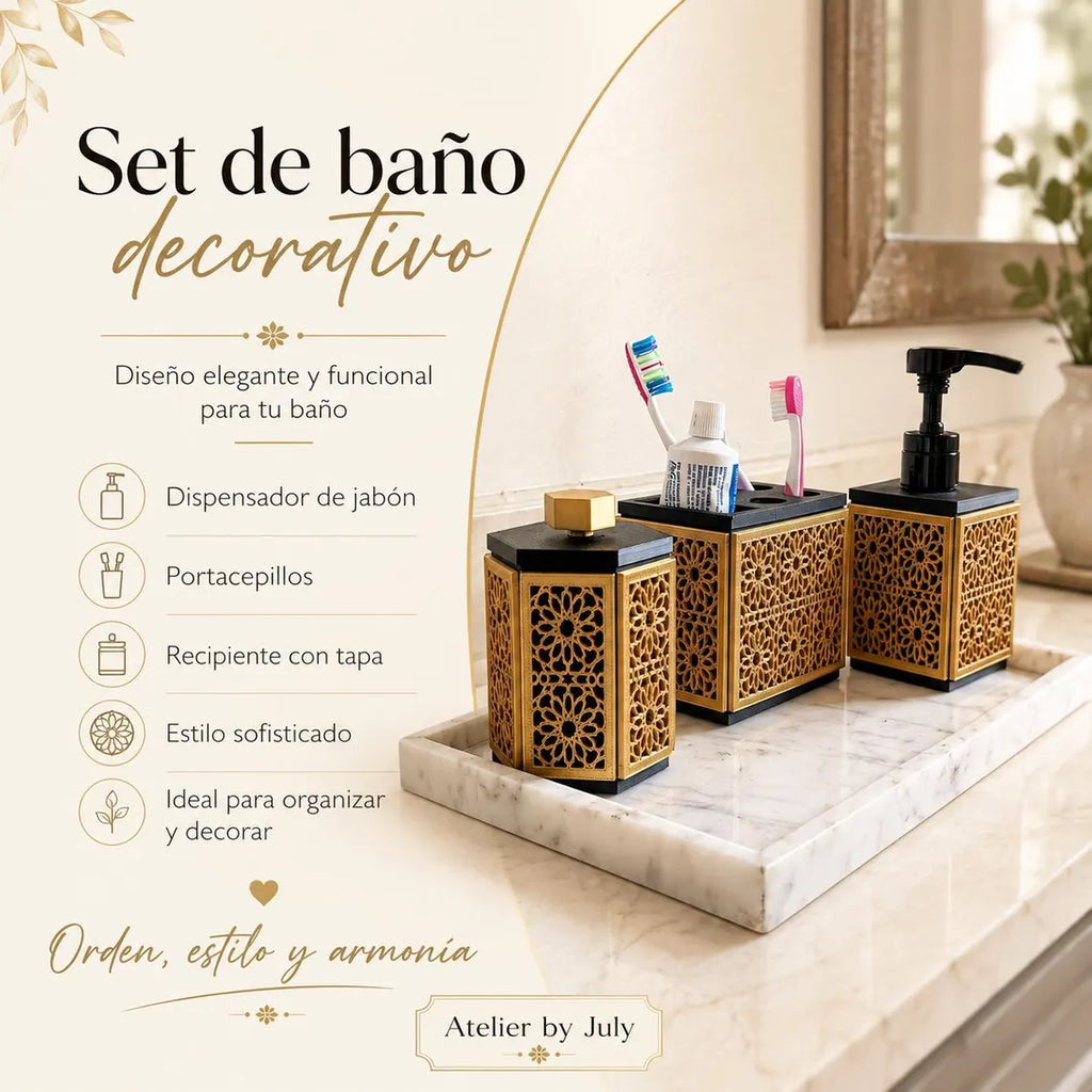 Set de Baño de 3 Piezas | Dispensador de Jabón, Portacepillos y Recipiente con Tapa