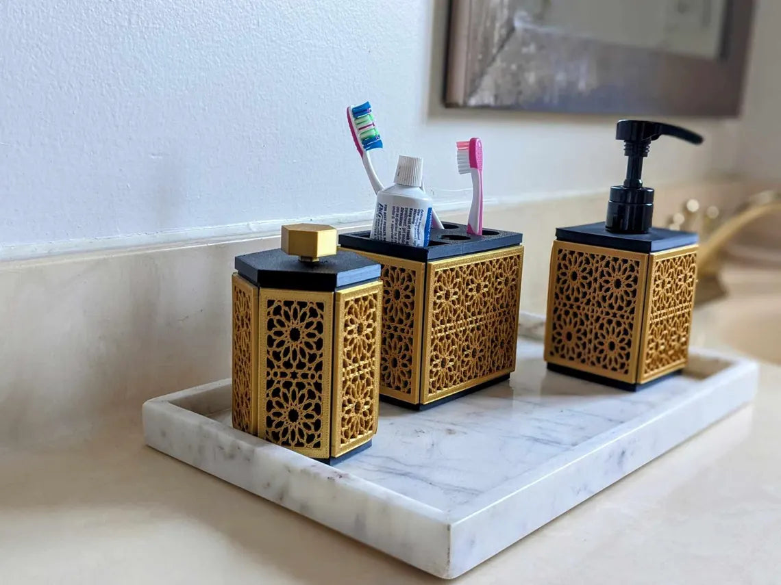 Set de Baño de 3 Piezas | Dispensador de Jabón, Portacepillos y Recipiente con Tapa